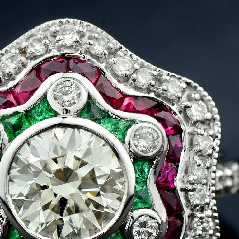 Women's Diamond Emerald Ruby White Gold Cocktail Ring