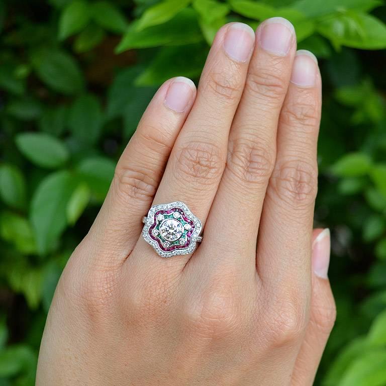 Diamond Emerald Ruby White Gold Cocktail Ring 2