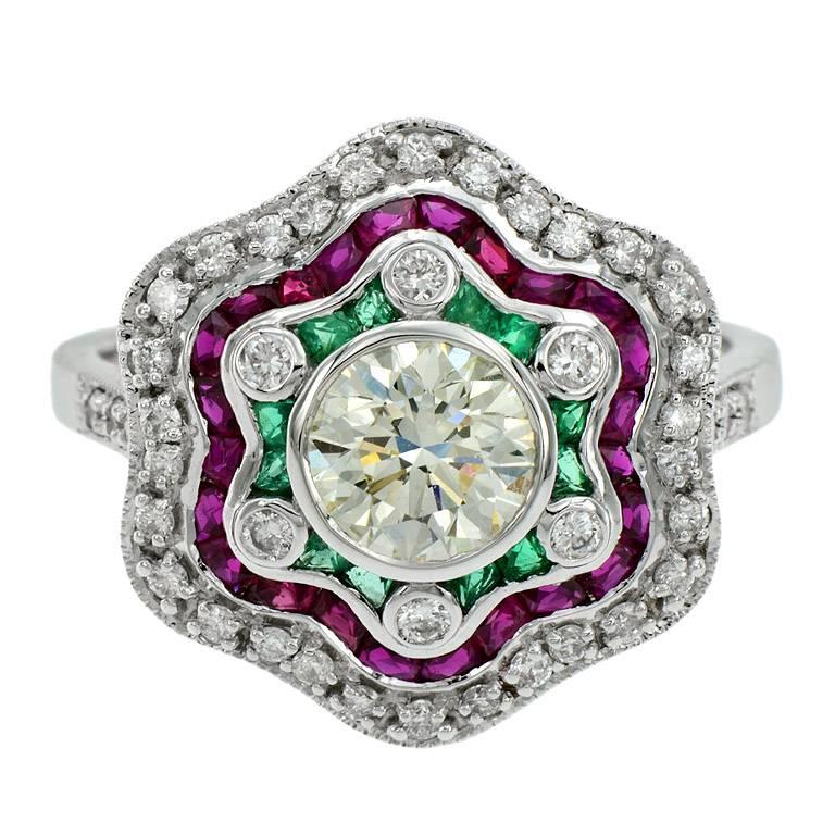 Diamond Emerald Ruby White Gold Cocktail Ring
