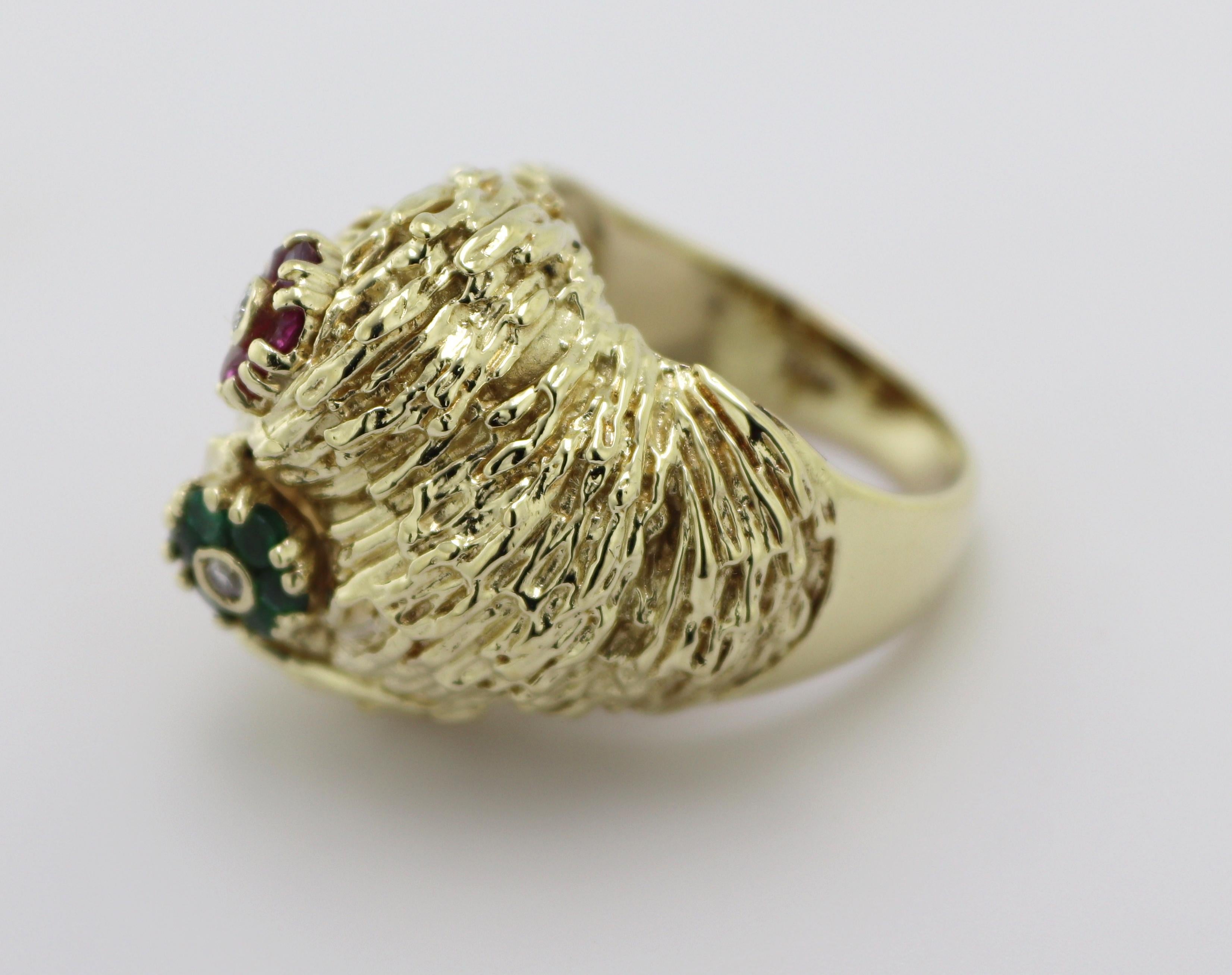 Artisan Diamond, Emerald, Ruby, Yellow Gold Ring For Sale