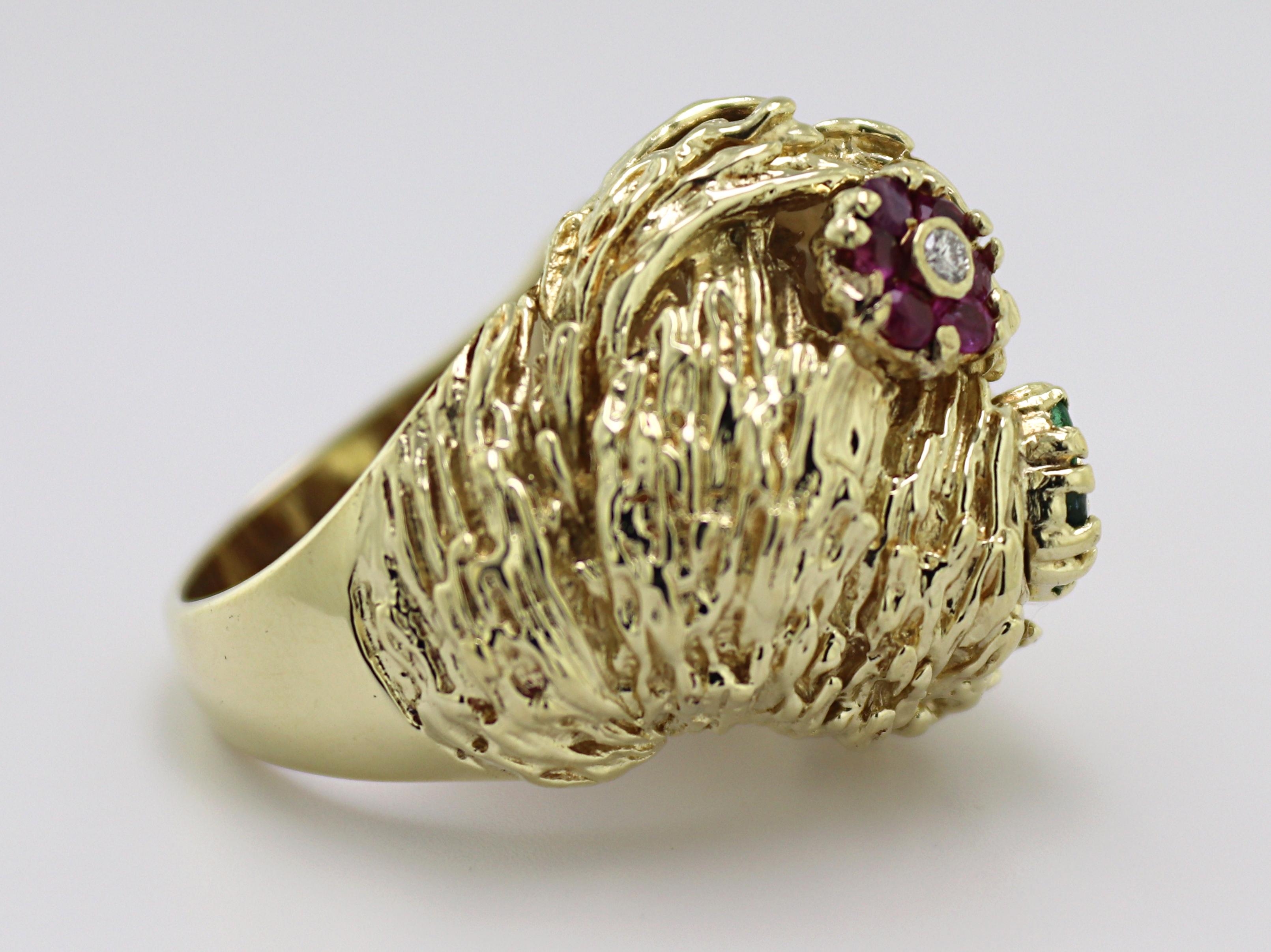 Diamond, Emerald, Ruby, Yellow Gold Ring In Excellent Condition For Sale In Pleasant Hill, CA
