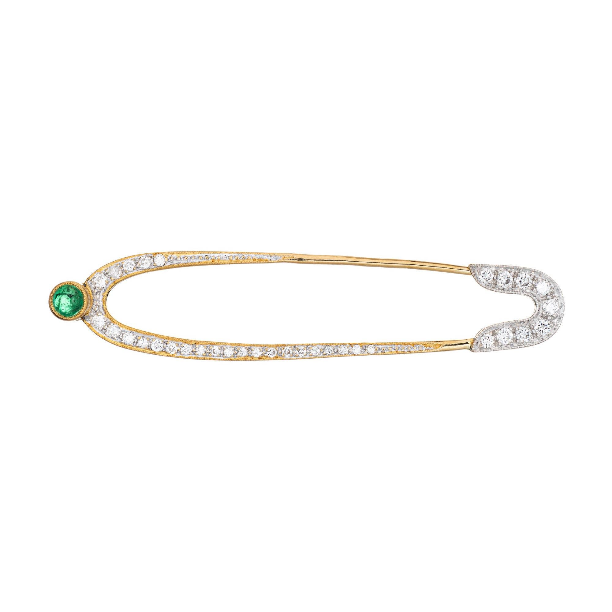 Diamond Emerald Safety Pin Brooch Vintage 18k Gold Pendant Baby Push Jewelry