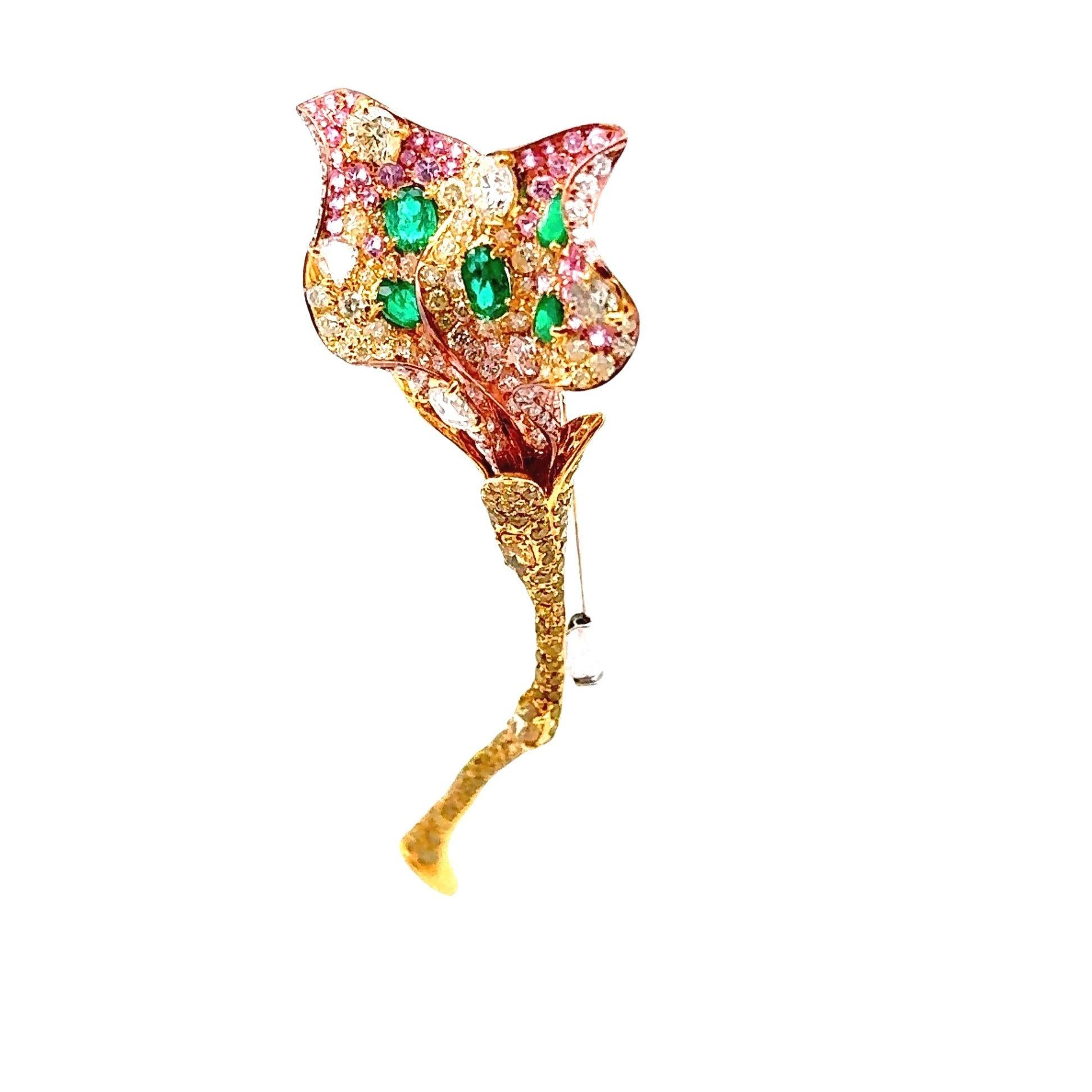 Mixed Cut Diamond Emerald Sapphire 18K Yellow Gold Flower Brooch For Sale