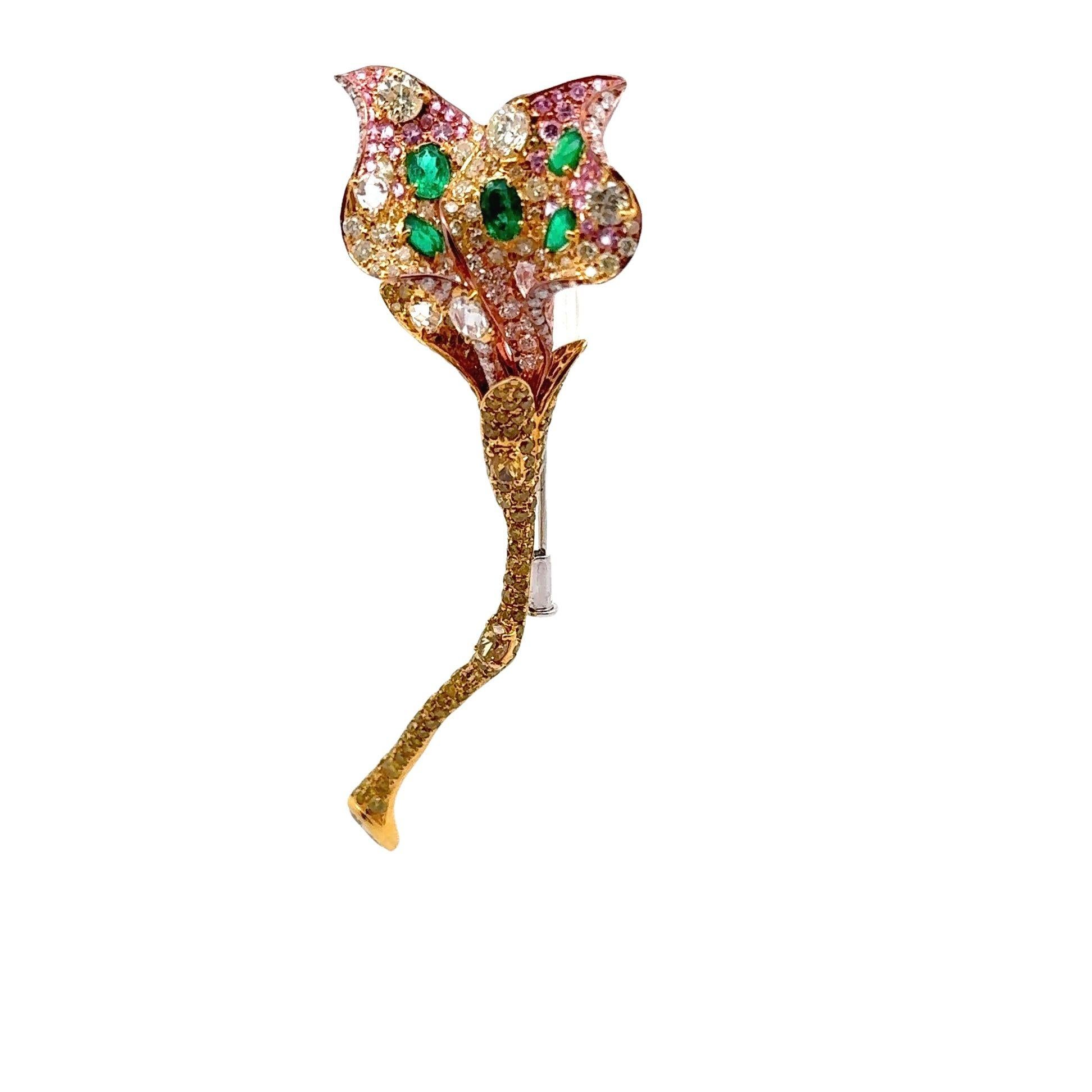 Diamond Emerald Sapphire 18K Yellow Gold Flower Brooch For Sale 1