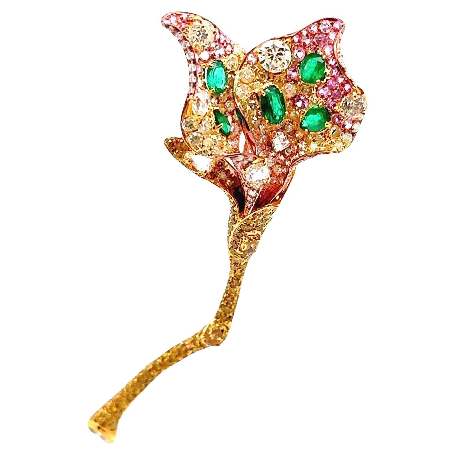 Diamond Emerald Sapphire 18K Yellow Gold Flower Brooch