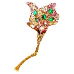 Diamond Emerald Sapphire 18K Yellow Gold Flower Brooch