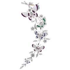 Diamond Emerald Sapphire and Ruby Butterflies and Flowers Gold Brooch