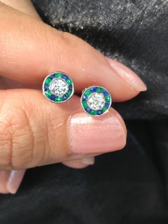 Diamond Emerald Sapphire Art Deco Style Circular Stud Earrings in 18K White Gold