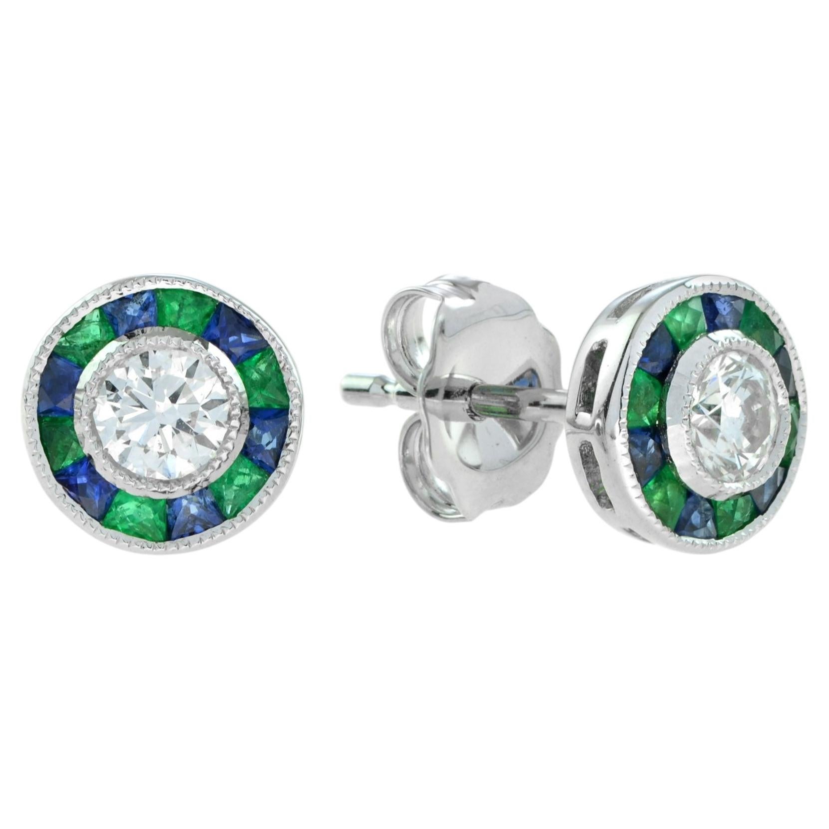 Diamond Emerald Sapphire Art Deco Style Circular Stud Earrings in 18K White Gold