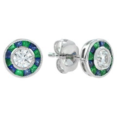 Diamond Emerald Sapphire Art Deco Style Circular Stud Earrings in 18K White Gold