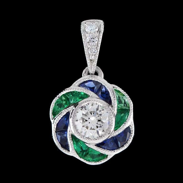 Colgante y Pendientes de Diamantes Esmeralda Zafiro Estilo Art Decó Conjunto de Joyas en 14K en venta 6