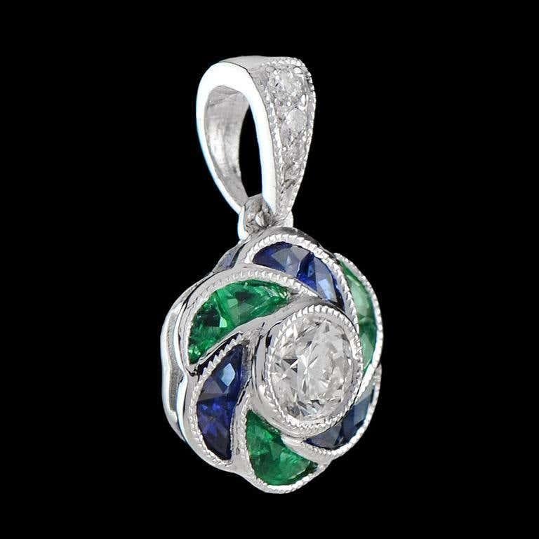 Colgante y Pendientes de Diamantes Esmeralda Zafiro Estilo Art Decó Conjunto de Joyas en 14K en venta 7
