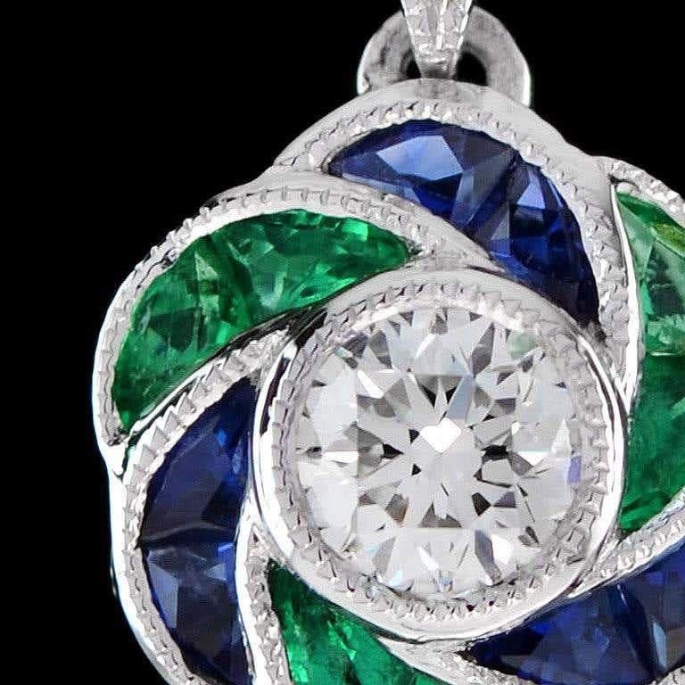 Colgante y Pendientes de Diamantes Esmeralda Zafiro Estilo Art Decó Conjunto de Joyas en 14K en venta 9