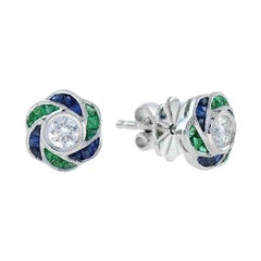 Diamond Emerald Sapphire Art Deco Style Pendant and Earrings Jewelry Set in 14K