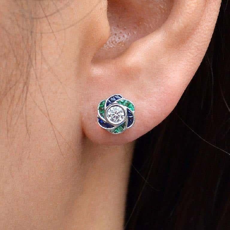 Colgante y Pendientes de Diamantes Esmeralda Zafiro Estilo Art Decó Conjunto de Joyas en 14K en venta 4