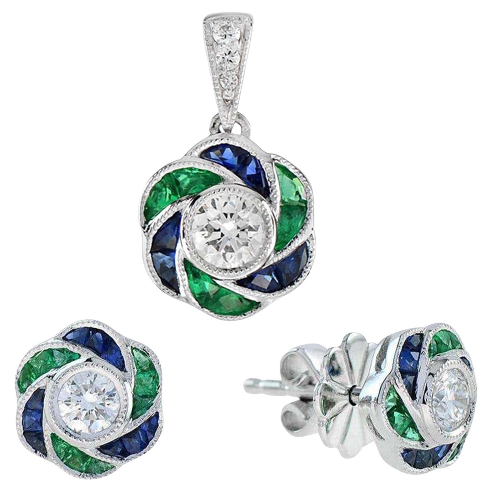 Diamond Emerald Sapphire Art Deco Style Pendant and Earrings Jewelry Set in 14K