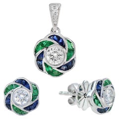 Diamond Emerald Sapphire Art Deco Style Pendant and Earrings Jewelry Set in 14K
