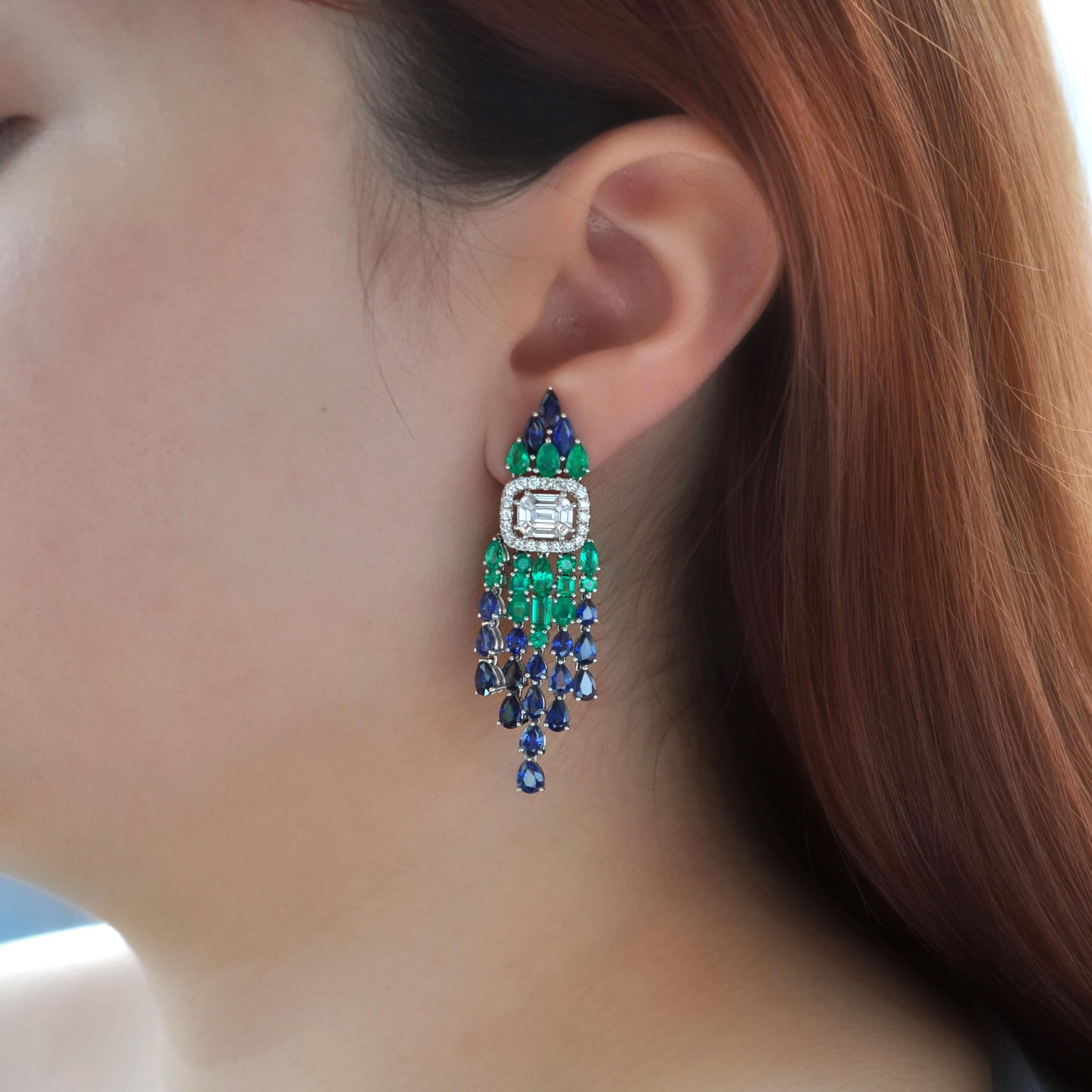 Contemporary RUCHI Blue Sapphire, Emerald and Diamond White Gold Dangle Earrings For Sale