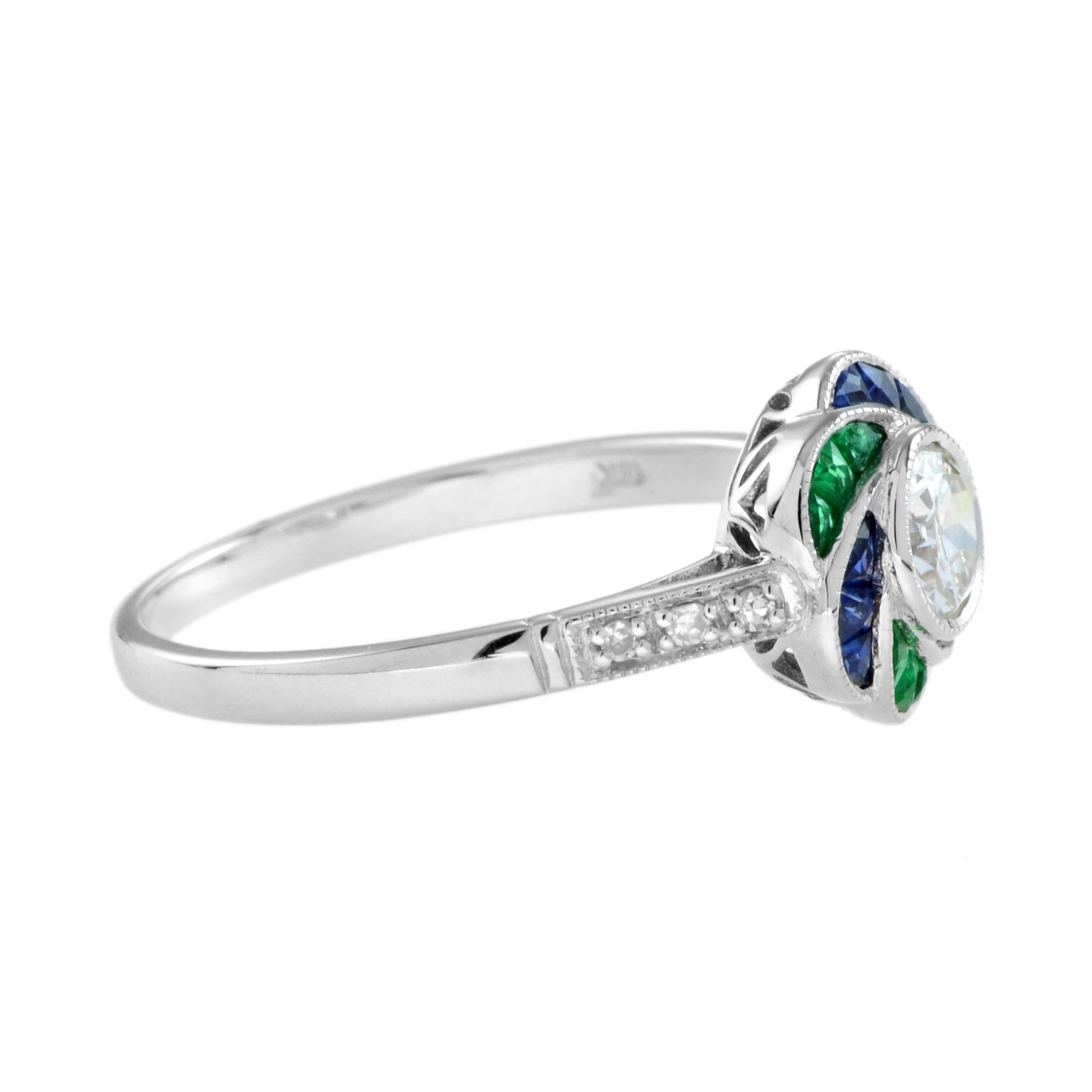Anillo de diamantes y zafiro esmeralda talla fantasía halo flor de rosa estilo art déco Art Decó en venta