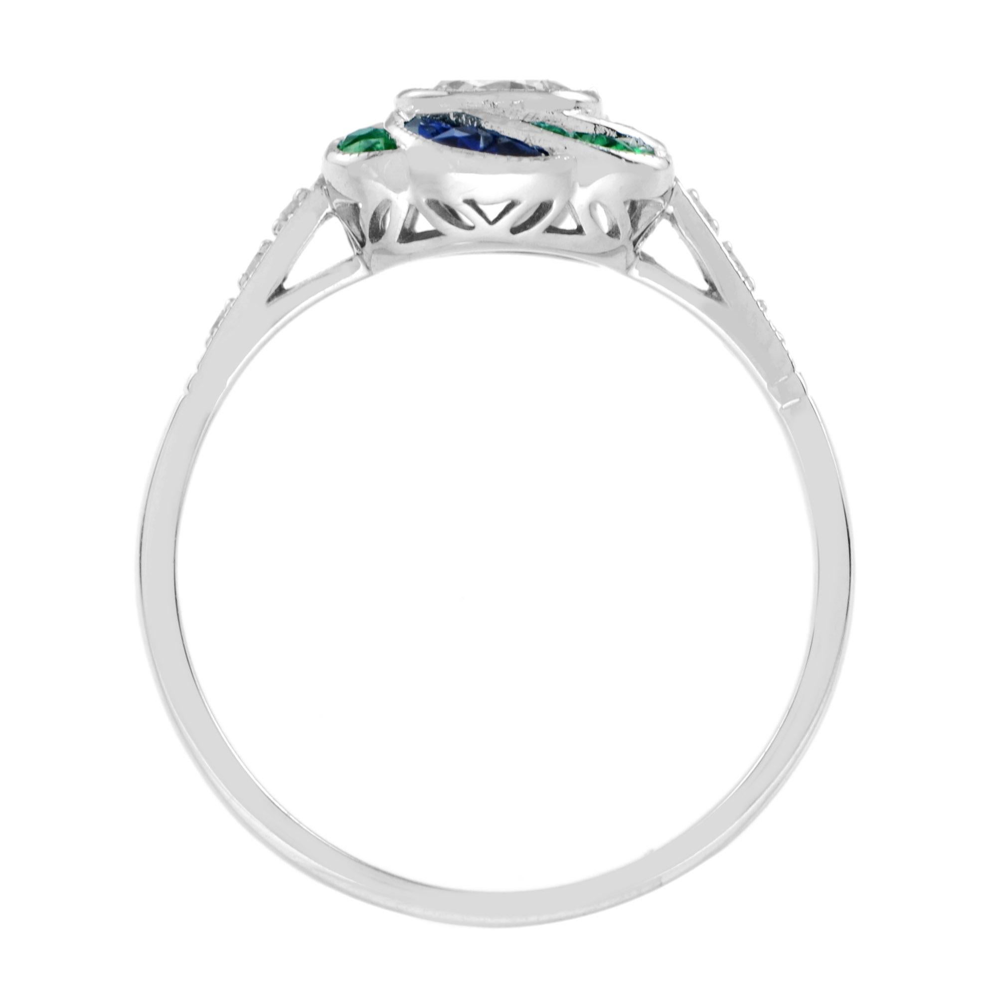 Anillo de diamantes y zafiro esmeralda talla fantasía halo flor de rosa estilo art déco en Nuevo estado para la venta en Oakton, VA