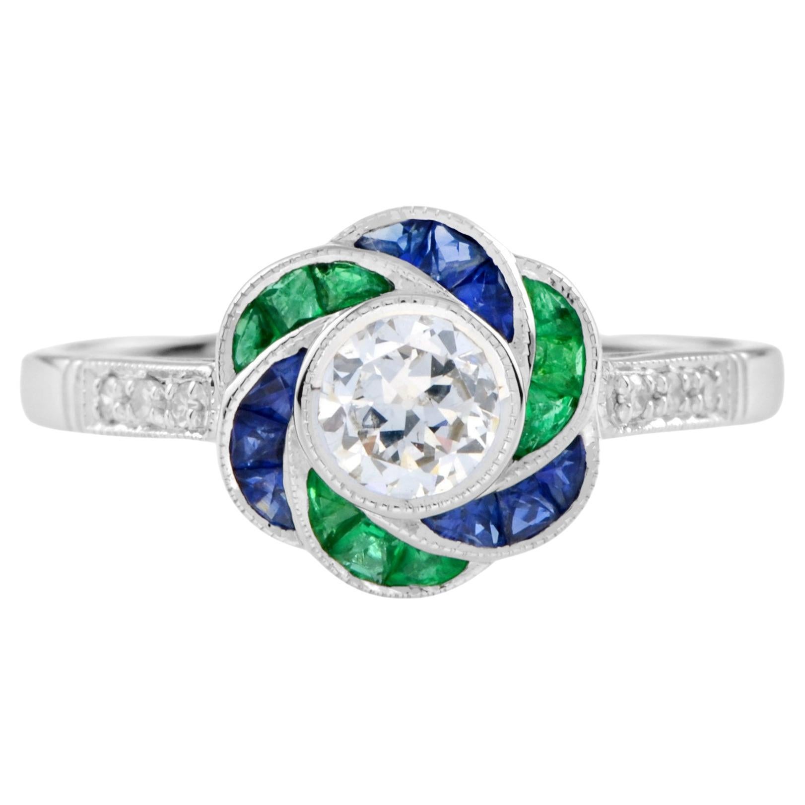 Anillo de diamantes y zafiro esmeralda talla fantasía halo flor de rosa estilo art déco en venta