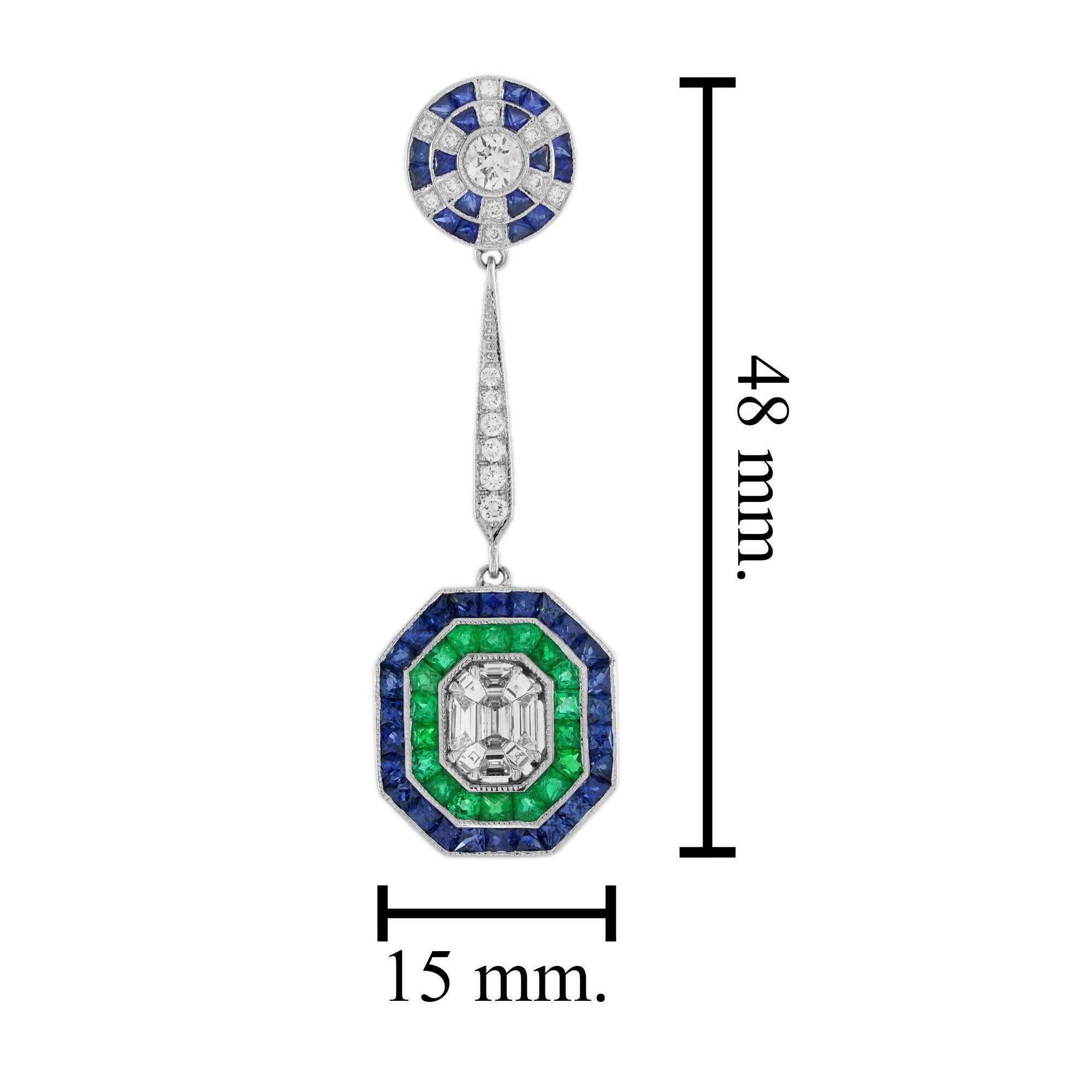 Taille ronde Boucles d'oreilles pendantes en or blanc avec diamants et saphirs fantaisie Halo de style Art Déco en vente