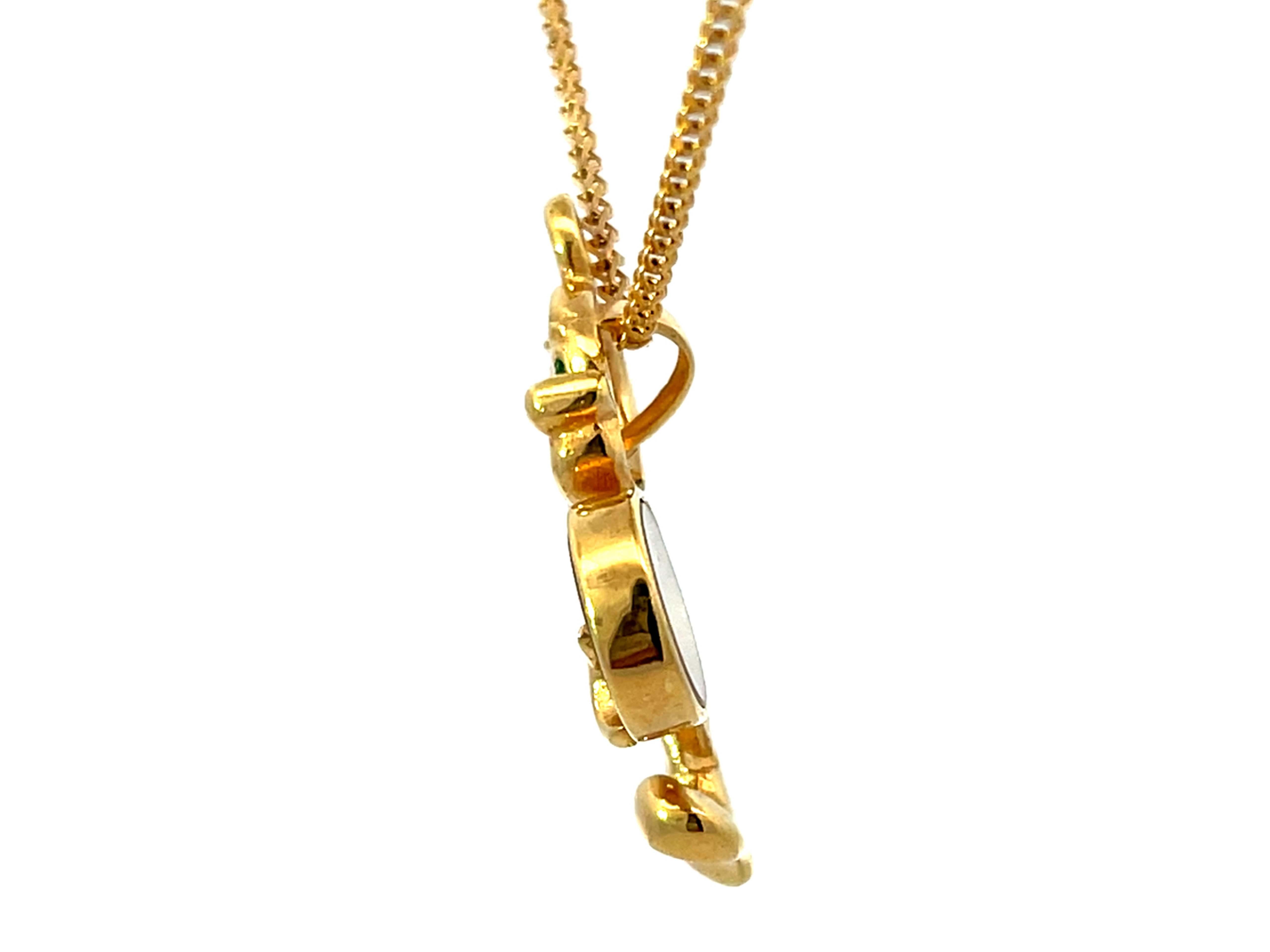 Modern Diamond Emerald Sapphire Mickey Mouse Pendant Necklace Solid 18k Yellow Gold For Sale