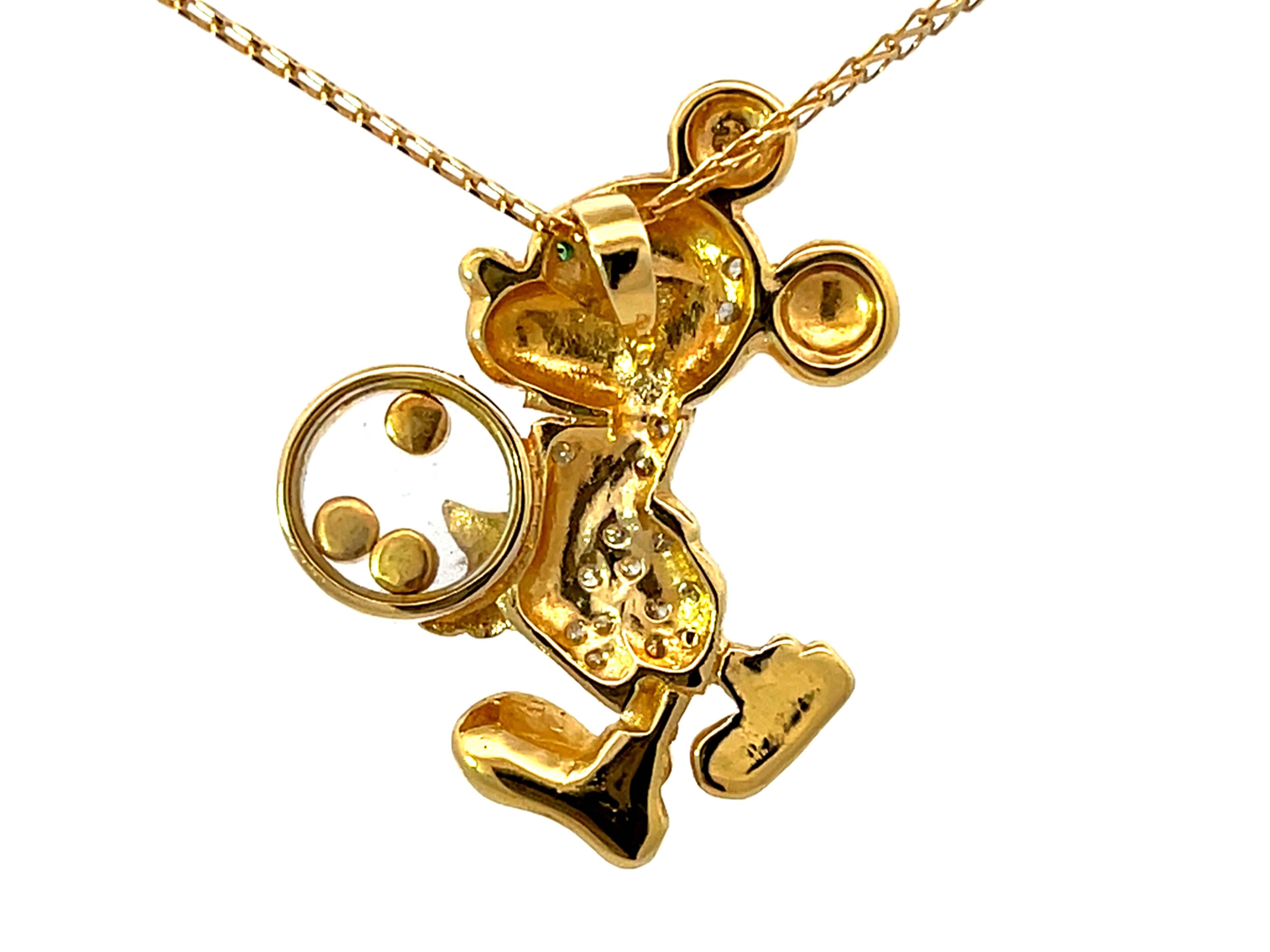 Brilliant Cut Diamond Emerald Sapphire Mickey Mouse Pendant Necklace Solid 18k Yellow Gold For Sale