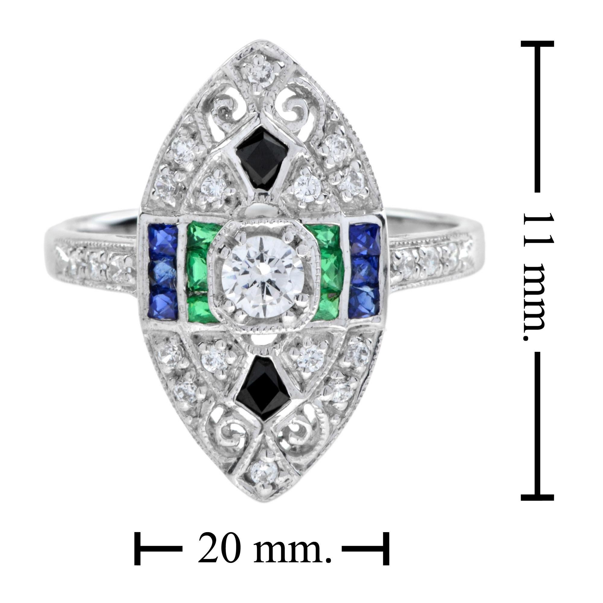 Donna Anello con diamante, smeraldo, zaffiro e onice in stile Art Deco a forma di marquise in oro 14K in vendita