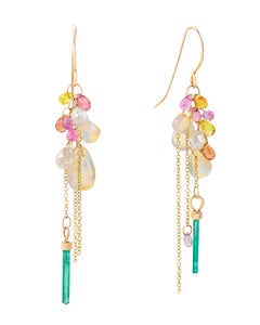 Pendientes en racimo de diamantes, esmeraldas, zafiros y ópalos en oro de 18k