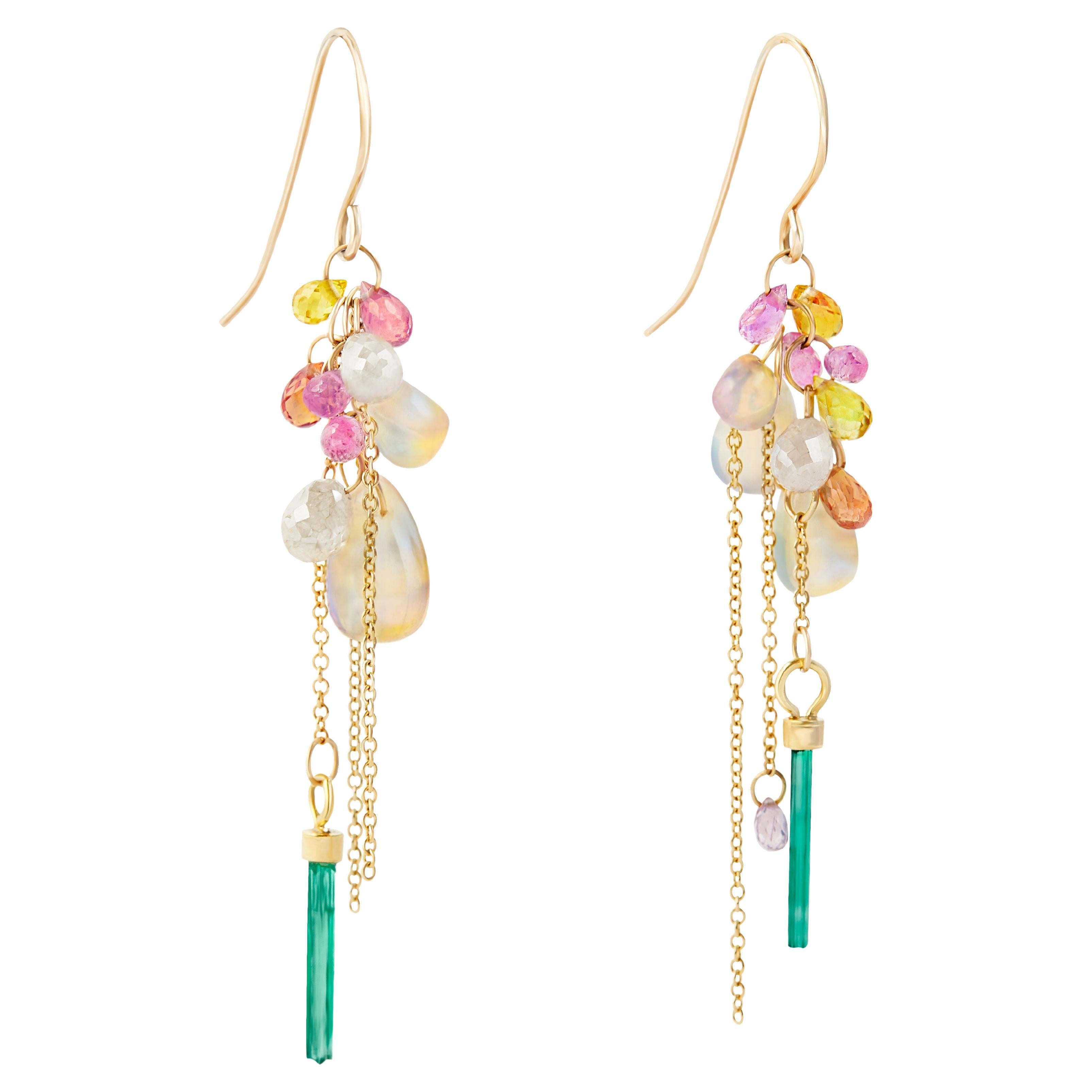 Diamond, Emerald, Sapphire, Opal Cluster Earrings in 18k Gold For Sale