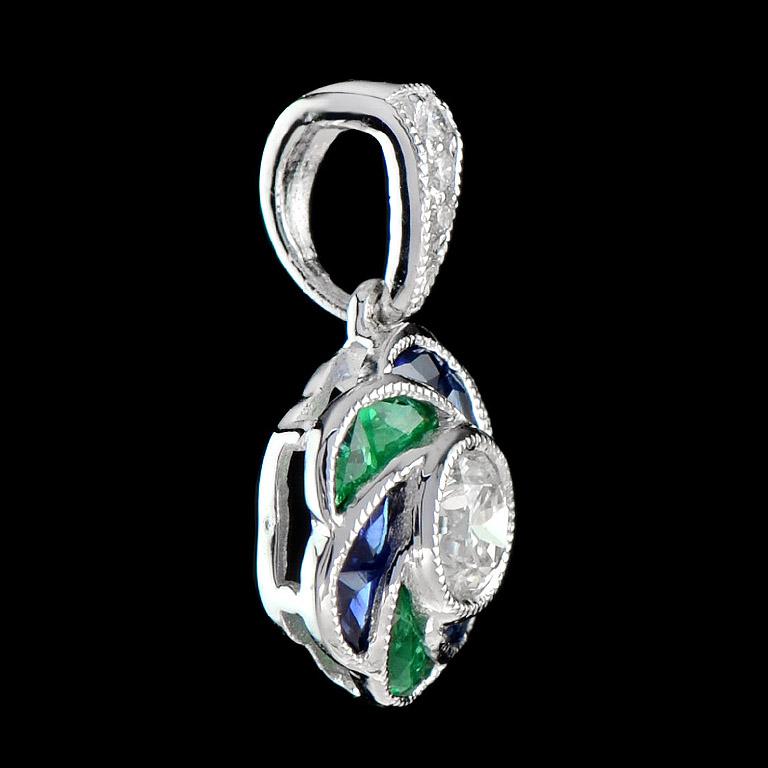 Art Deco Round Cut Diamond with Emerald and Sapphire Floral Pendant in 18K Gold For Sale