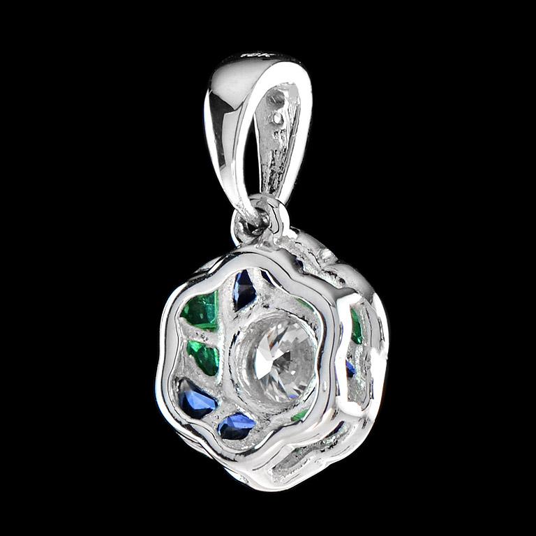 Round Cut Diamond with Emerald and Sapphire Floral Pendant in 18K Gold In New Condition For Sale In Bangkok, TH