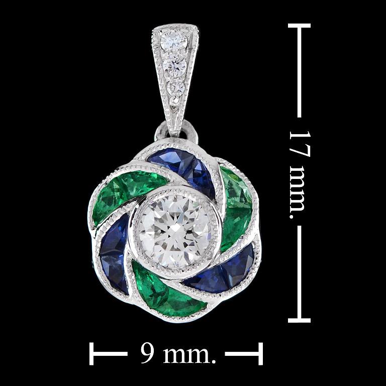 Women's Round Cut Diamond with Emerald and Sapphire Floral Pendant in 18K Gold For Sale
