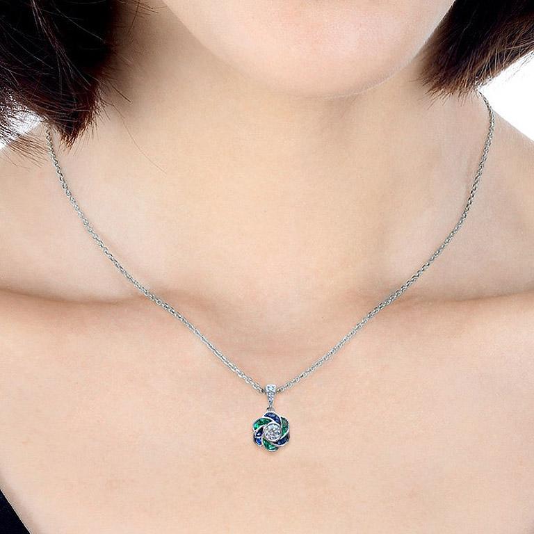 Round Cut Diamond with Emerald and Sapphire Floral Pendant in 18K Gold For Sale 2