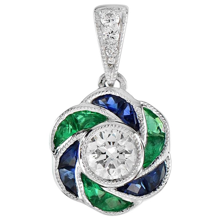 Round Cut Diamond with Emerald and Sapphire Floral Pendant in 18K Gold For Sale