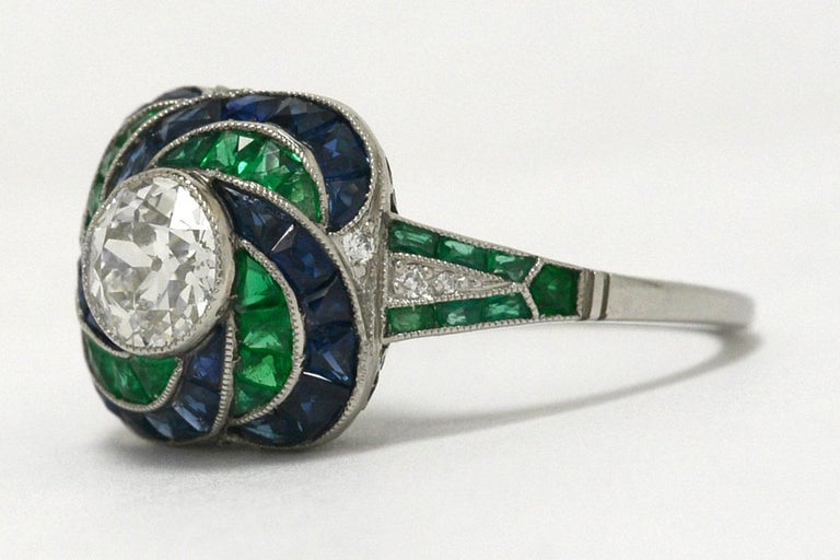 Diamond Emerald Sapphire Platinum Swirl Bombe Gem Engagement Ring Art ...