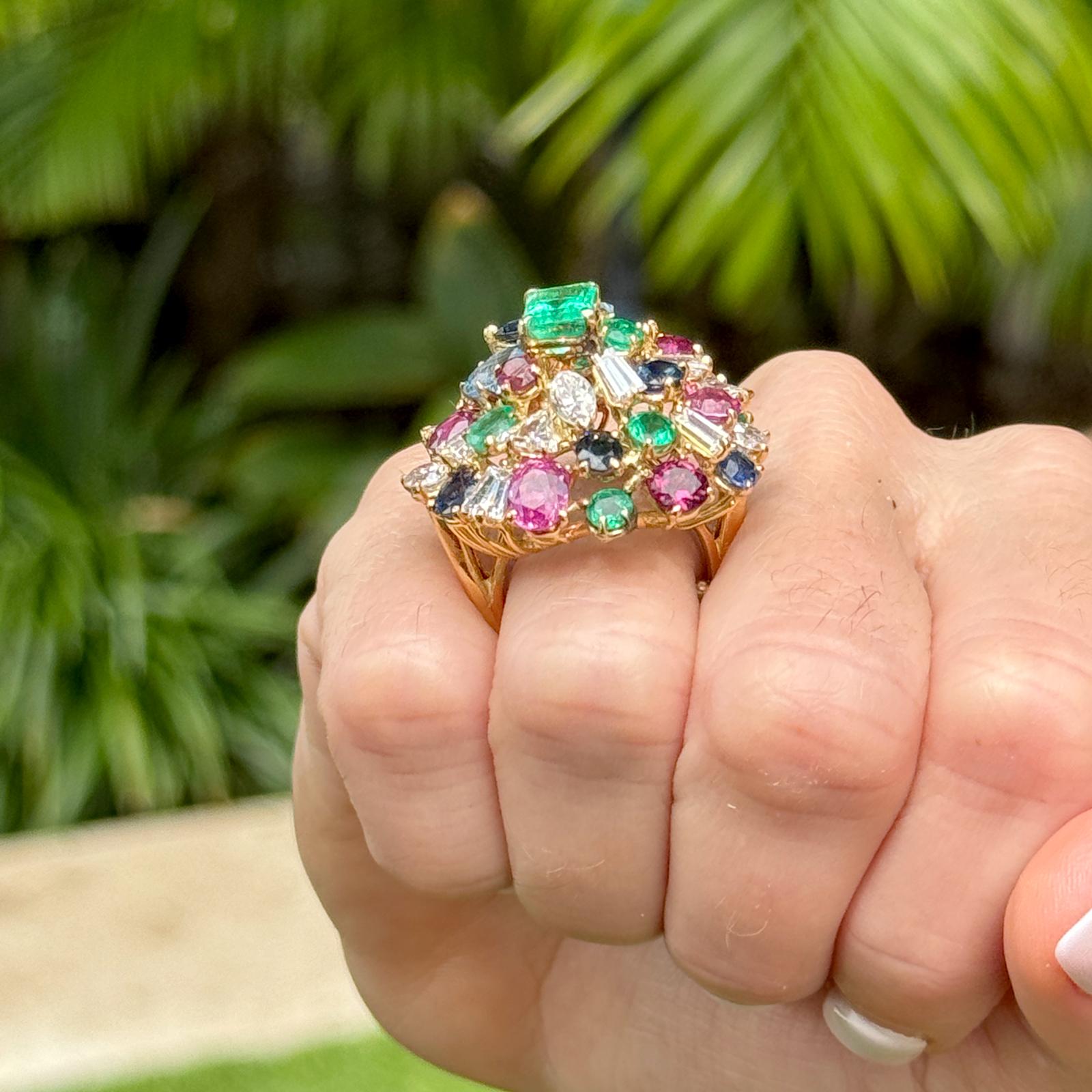Contemporary Diamond Emerald Sapphire Ruby 18KYG Tutti Frutti Estate Cocktail Ring  For Sale