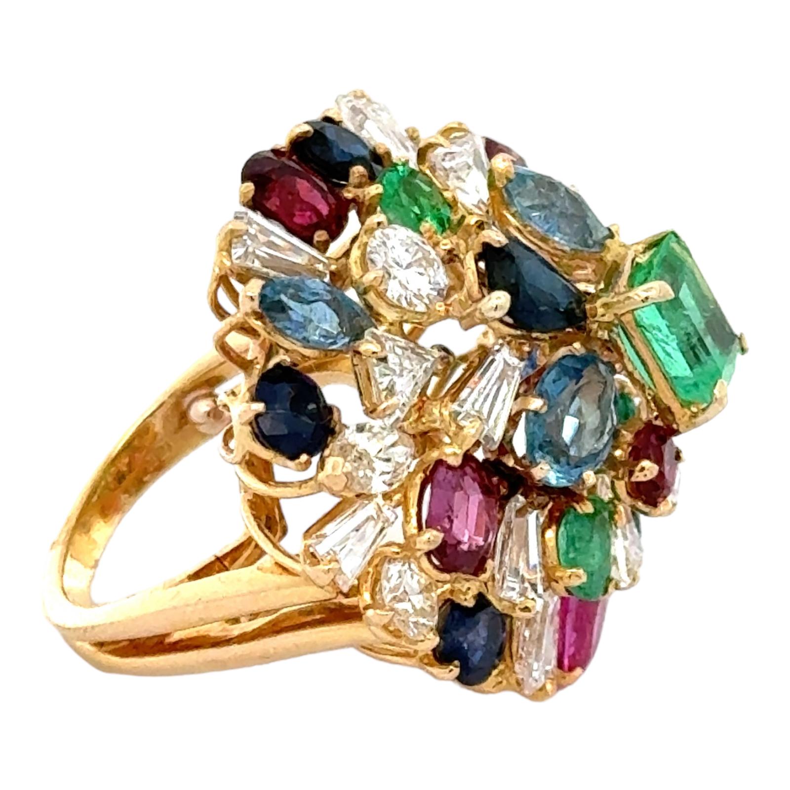 Emerald Cut Diamond Emerald Sapphire Ruby 18KYG Tutti Frutti Estate Cocktail Ring  For Sale
