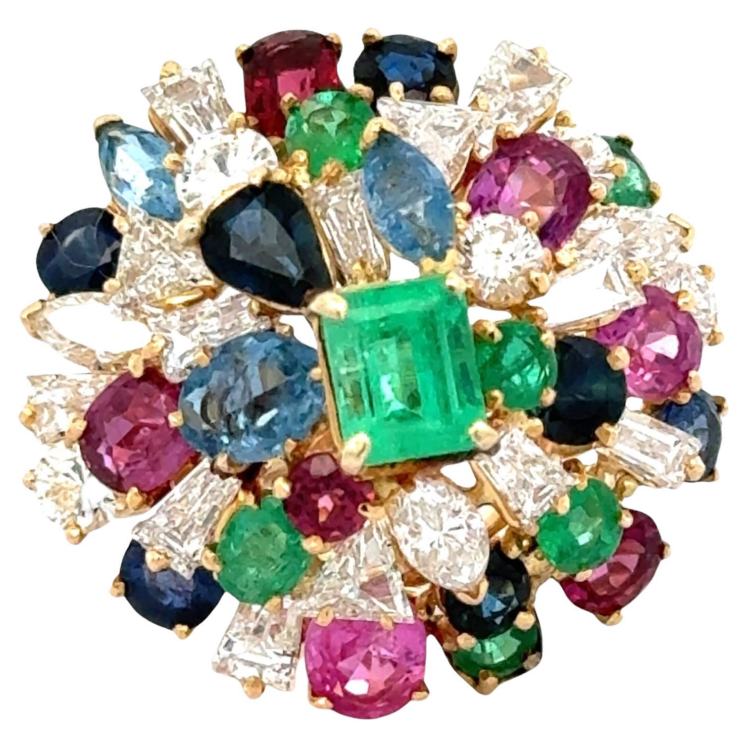 Diamond Emerald Sapphire Ruby 18KYG Tutti Frutti Estate Cocktail Ring  For Sale