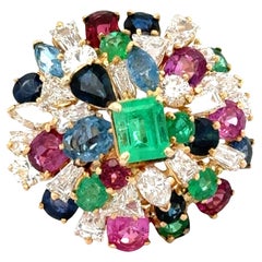 Retro Diamond Emerald Sapphire Ruby 18KYG Tutti Frutti Estate Cocktail Ring 