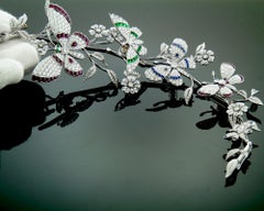 Diamond Emerald Sapphire and Ruby Butterflies and Flowers Gold Brooch