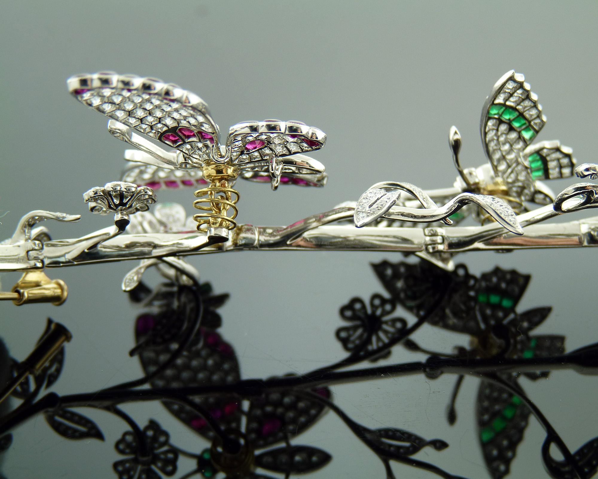 Modern Diamond Emerald Sapphire and Ruby Butterflies and Flowers Gold Brooch