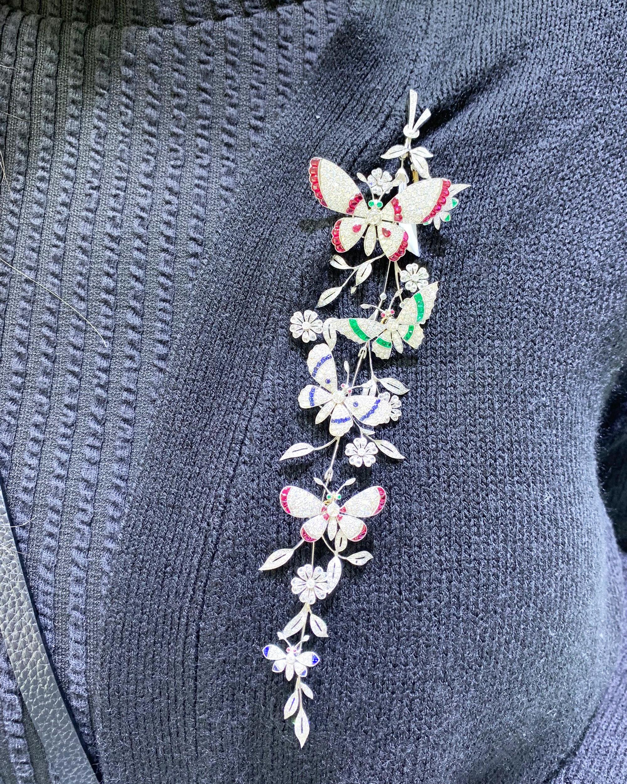 Mixed Cut Diamond Emerald Sapphire and Ruby Butterflies and Flowers Gold Brooch