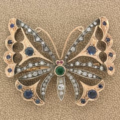 Diamond Emerald Sapphire Ruby Butterfly Two-Tone Gold Brooch