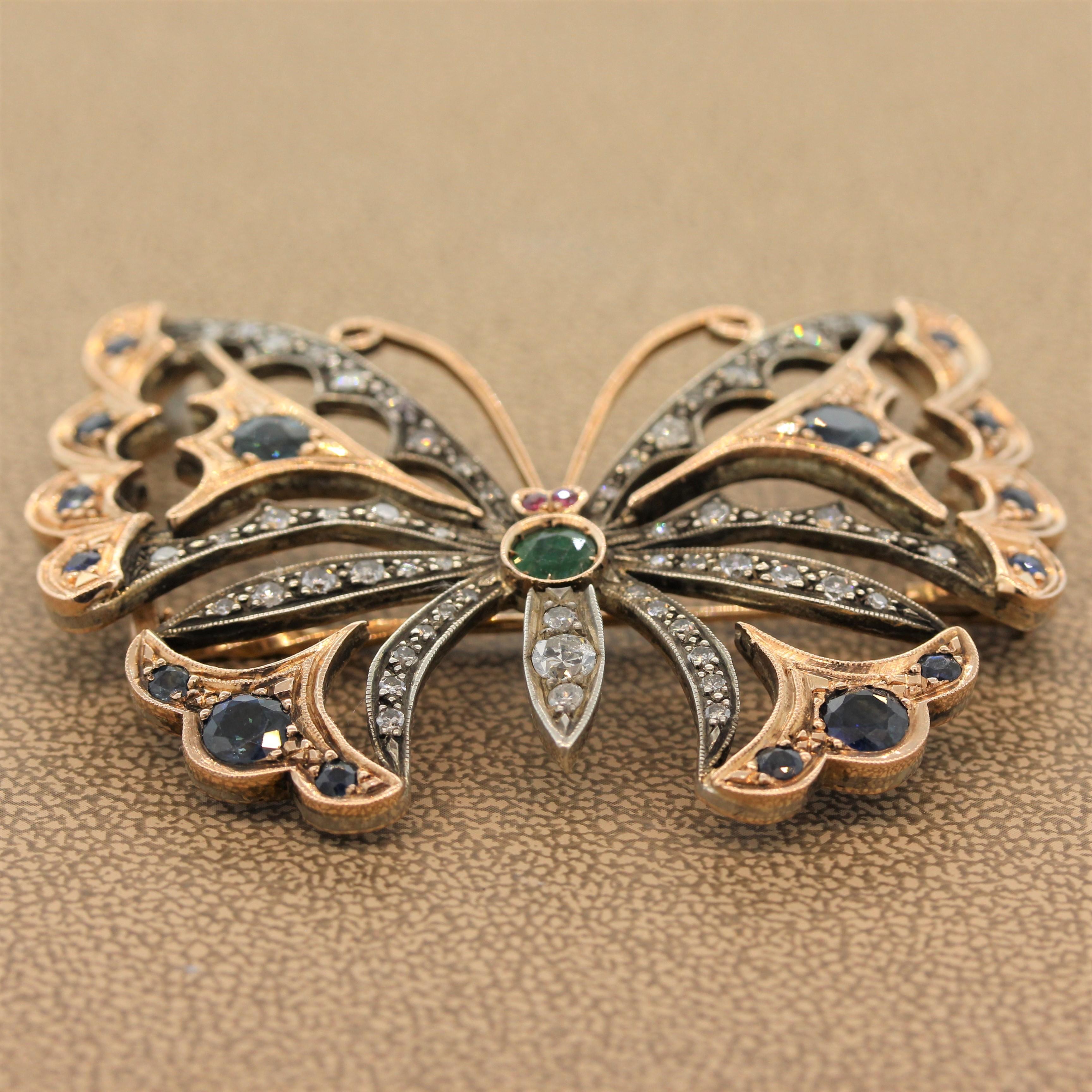 Diamond Emerald Sapphire Ruby Butterfly Two-Tone Gold Brooch In Good Condition In Beverly Hills, CA