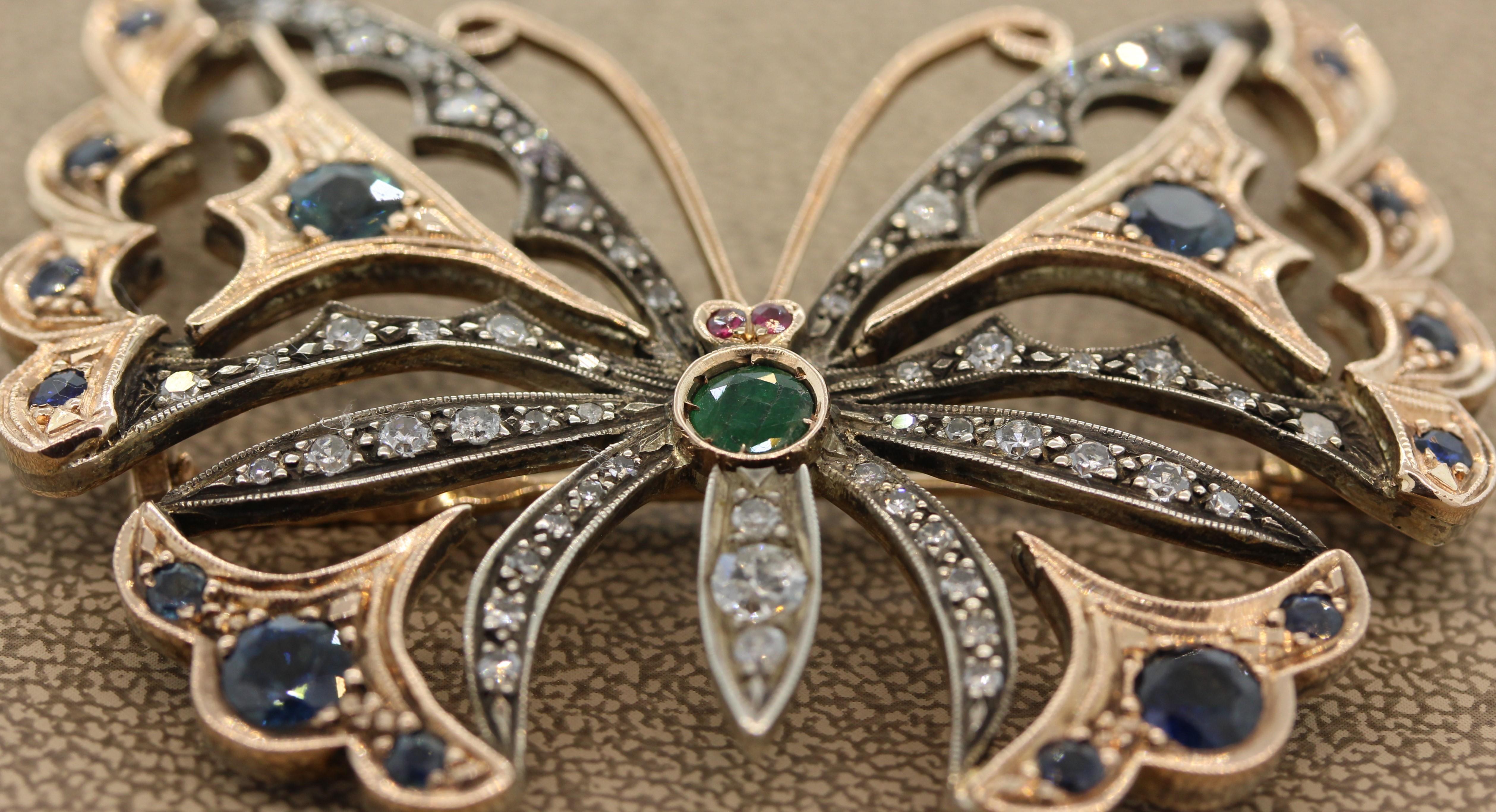 Women's Diamond Emerald Sapphire Ruby Butterfly Two-Tone Gold Brooch