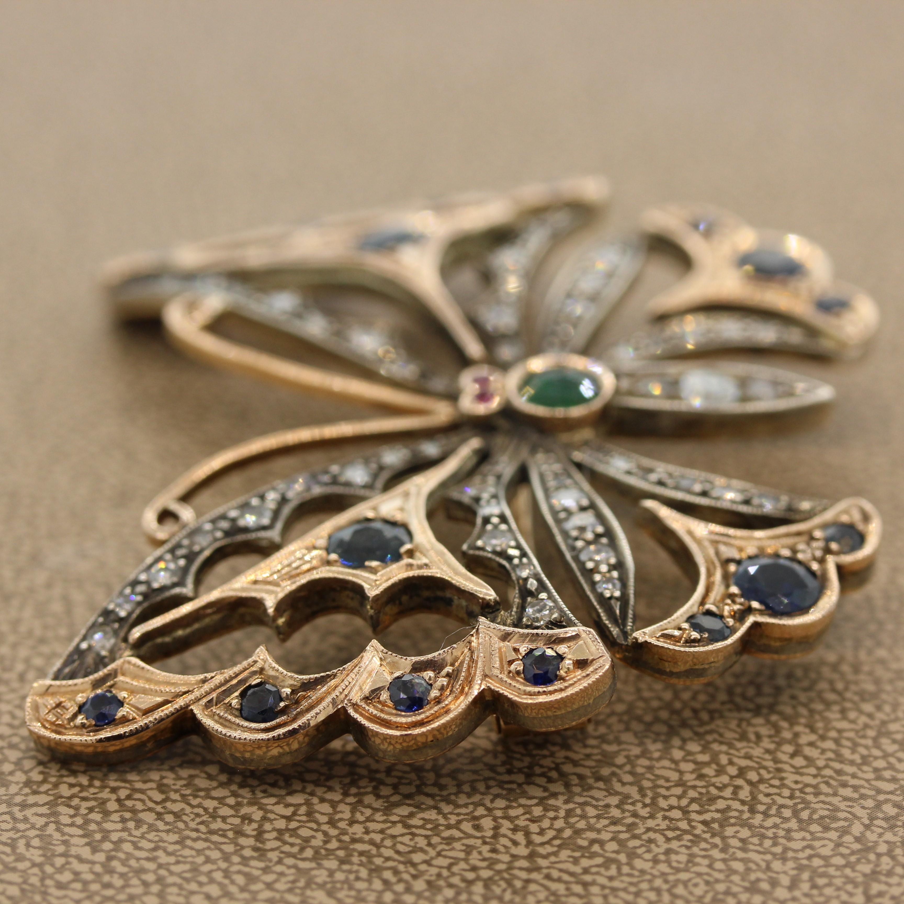 Diamond Emerald Sapphire Ruby Butterfly Two-Tone Gold Brooch 3