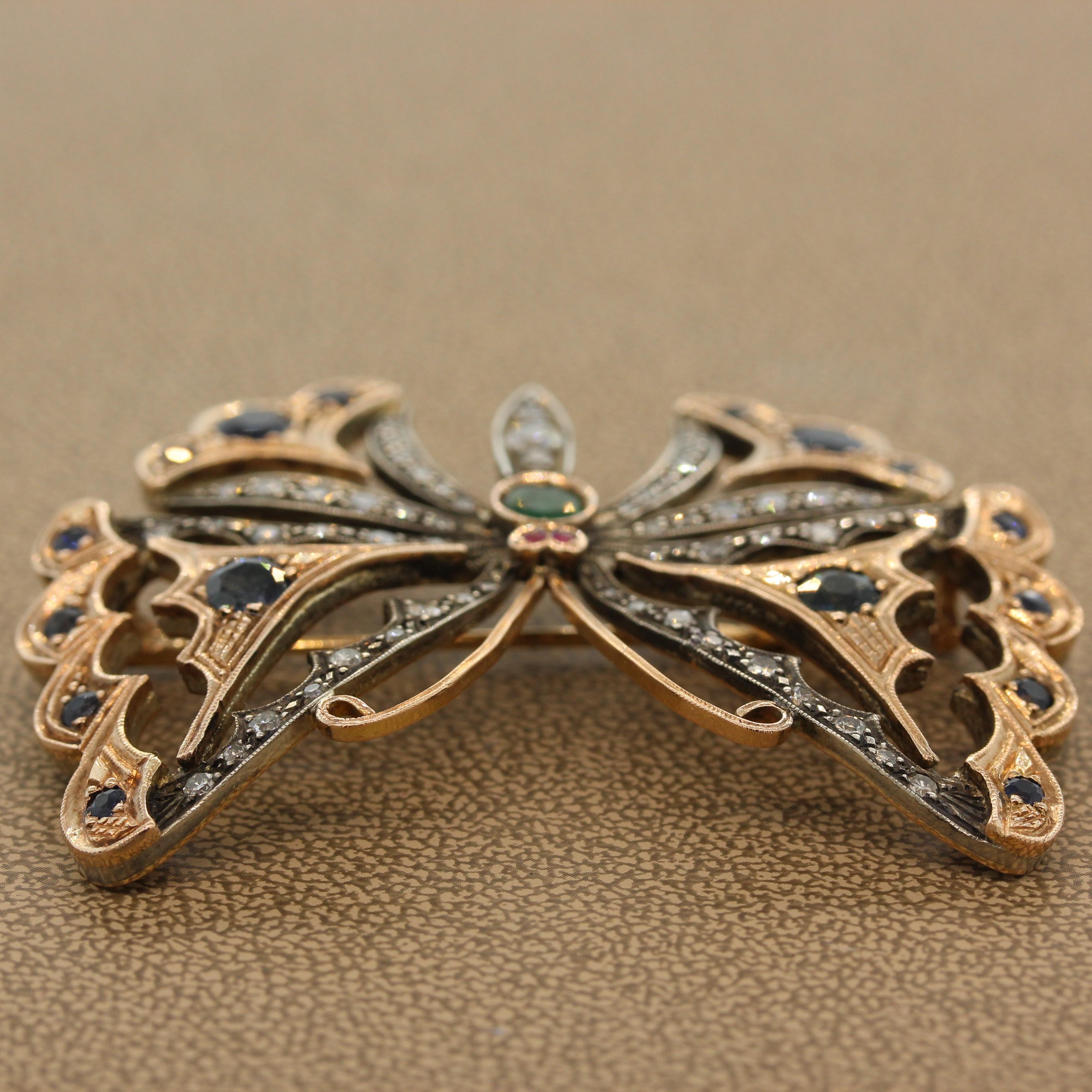 Diamond Emerald Sapphire Ruby Butterfly Two-Tone Gold Brooch 4