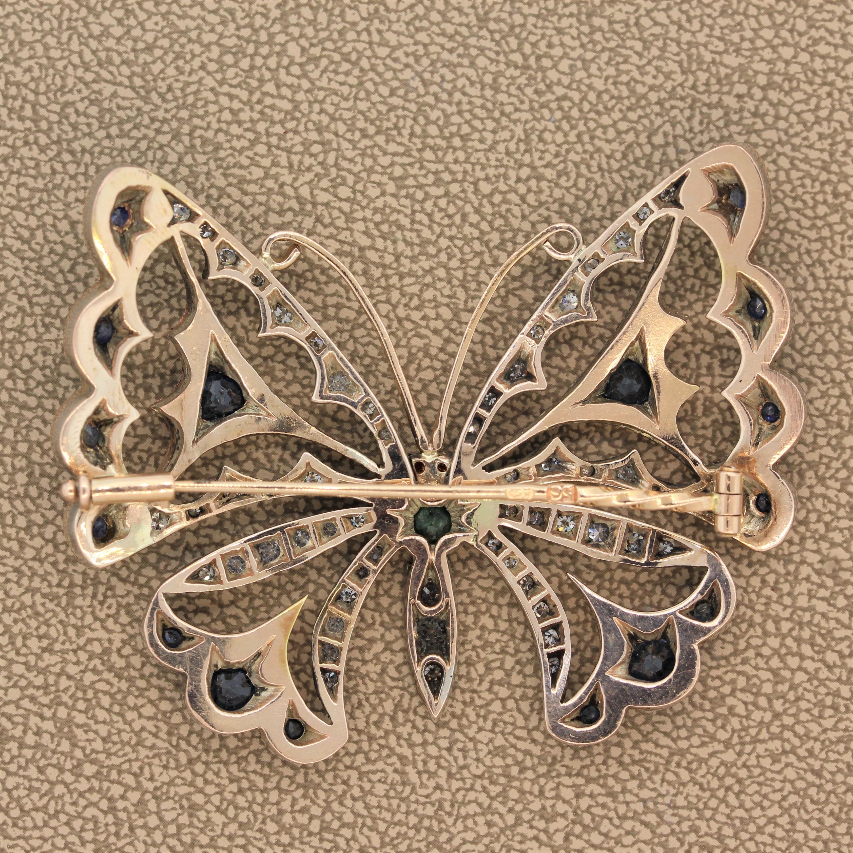 Diamond Emerald Sapphire Ruby Butterfly Two-Tone Gold Brooch 5